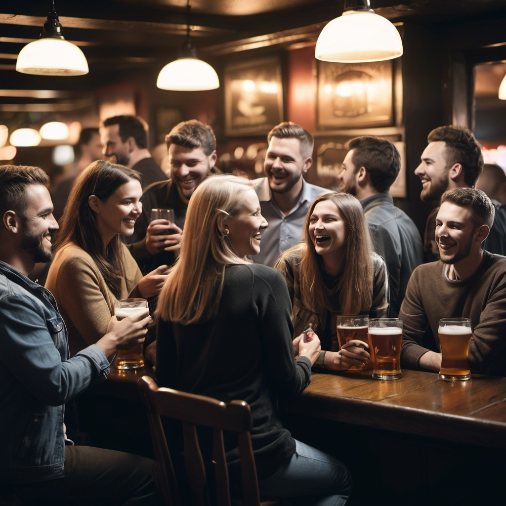 Grup de gent socialitzant i prenent copes en un pub a la nit